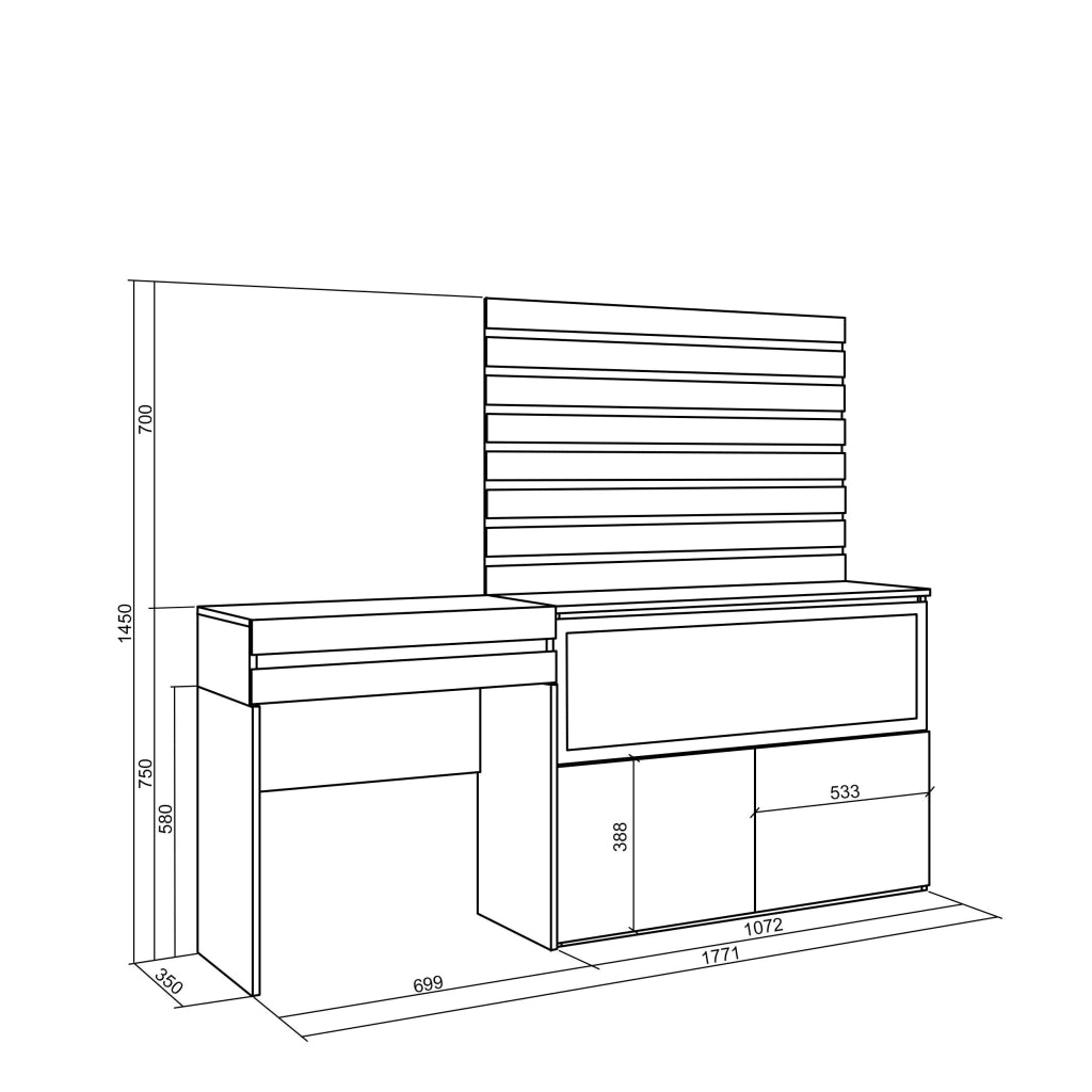 Tavolo da toeletta, 177x35x145cm, Con cassetto, Camino elettrico XXL, Pannelli Decorativi, grigio cemento RF3465