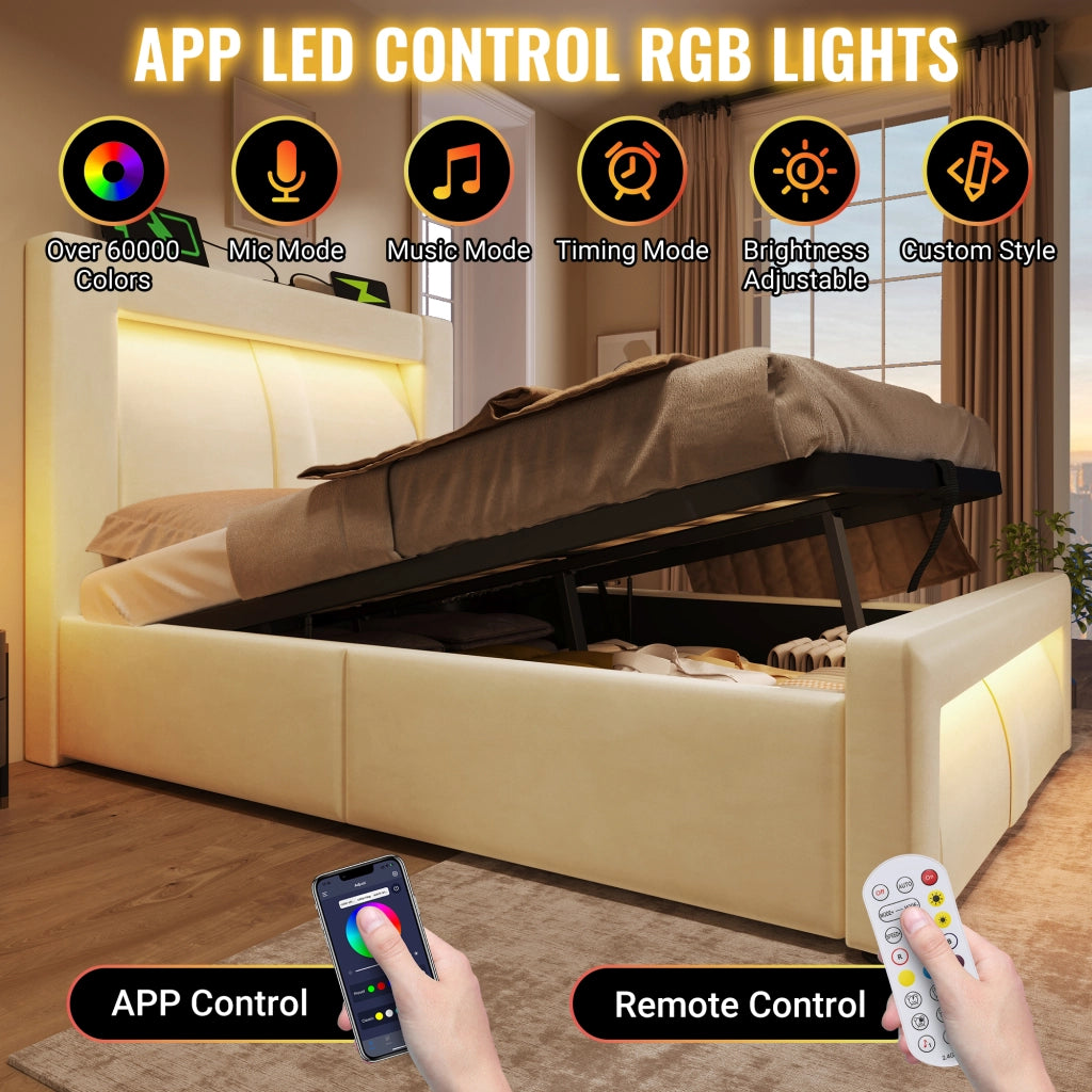 DESMIU Letto Contenitore Letto Matrimoniale con USB, Tipo C, LED Regolabile e Vano 160 × 200 cm, Senza Materasso