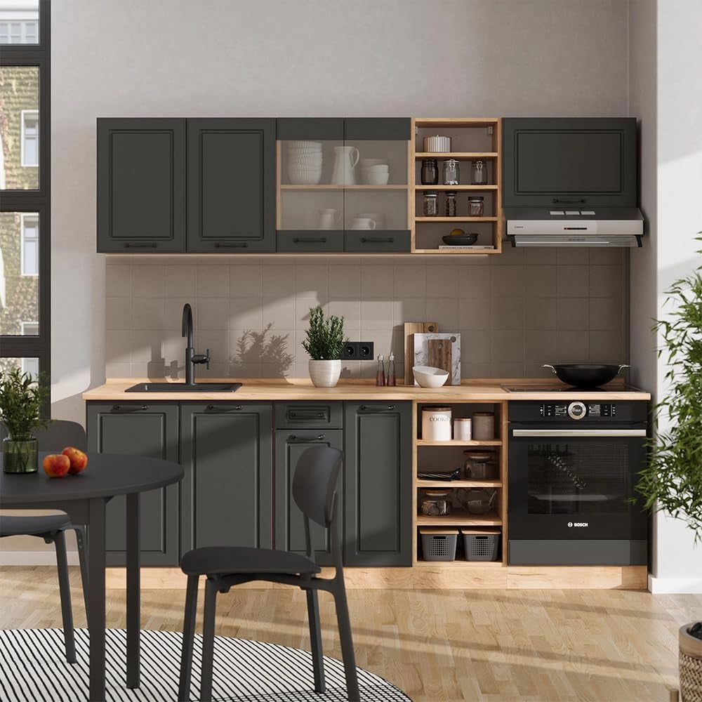 Cucina componibile R-Line, Calcestruzzo/quercia dorata, 240 cm senza piano di lavoro