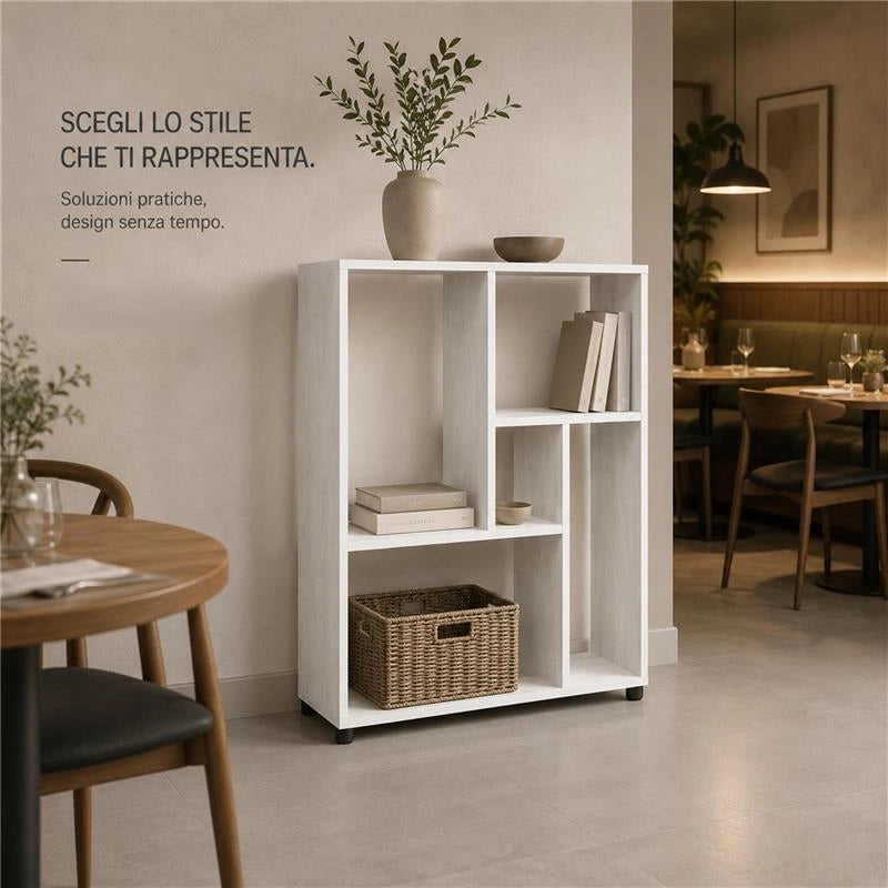 LIBRERIA IN LEGNO BIANCO MODERNA CON CINQUE RIPIANI SFALSATI DIMENSIONI  80X24X82,5 CM