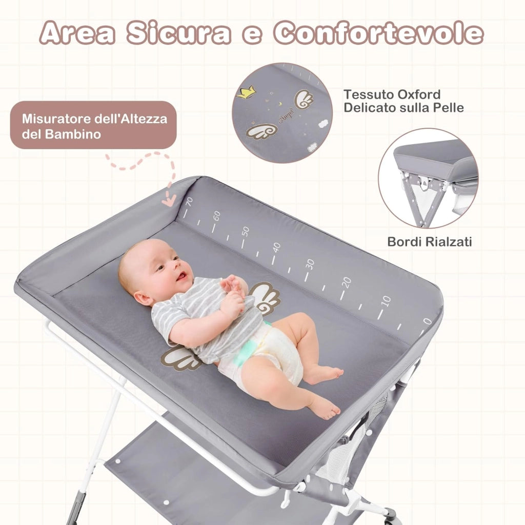 Fasciatoio Pieghevole per Bambini, Fasciatoio Portatile con Altezza Regolabile a 3 Livelli, Fasciatoio Neonato con Ruote di Bloccabili, Ripiano, Porta Asciugamani, per 0-12 Mesi (Grigio)