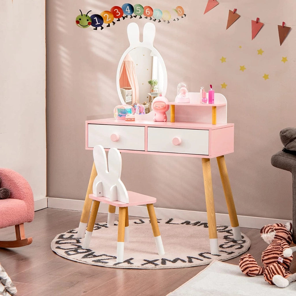 Toeletta con specchio a forma di coniglio per bambini, Set tavolo e sedia toeletta con cassetti e sgabello Bianco-Toelette per bimbi