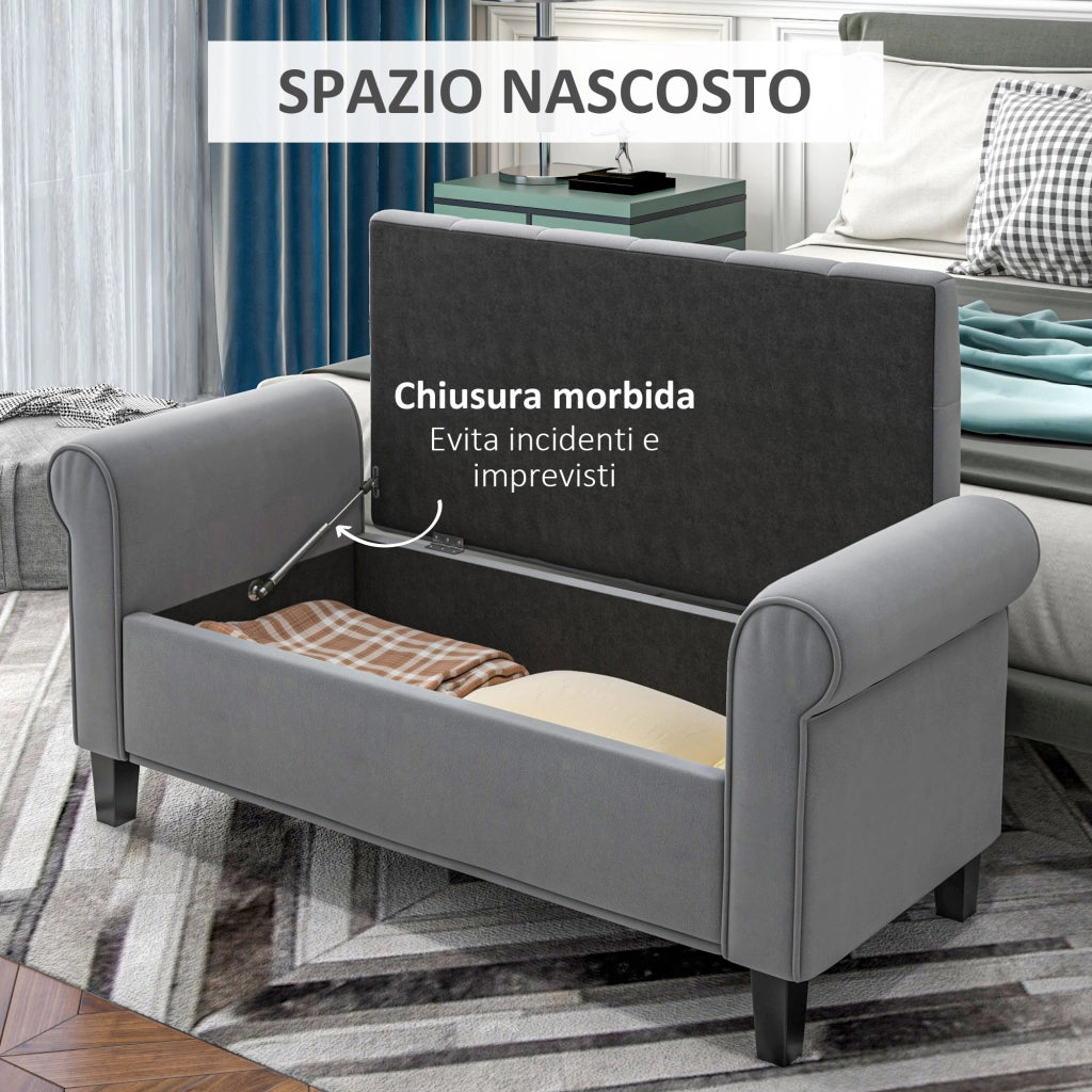 Panca Fondo Letto in Tessuto Vellutato con Contenitore e Braccioli ¨C Zephmum ¨C Grigio 126x48.5x57 cm