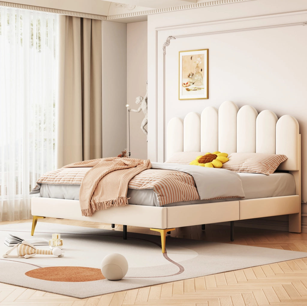 Letto matrimoniale 140x200 cm testiera regolabile in MDF e velluto beige (Senza materasso)