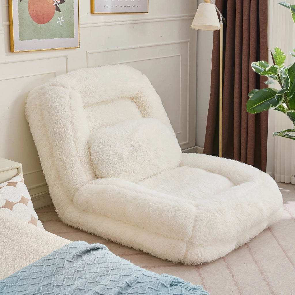 Canapé convertible da pavimento con schienale regolabile a 5 posizioni e cuscino in pelliccia sintetica beige