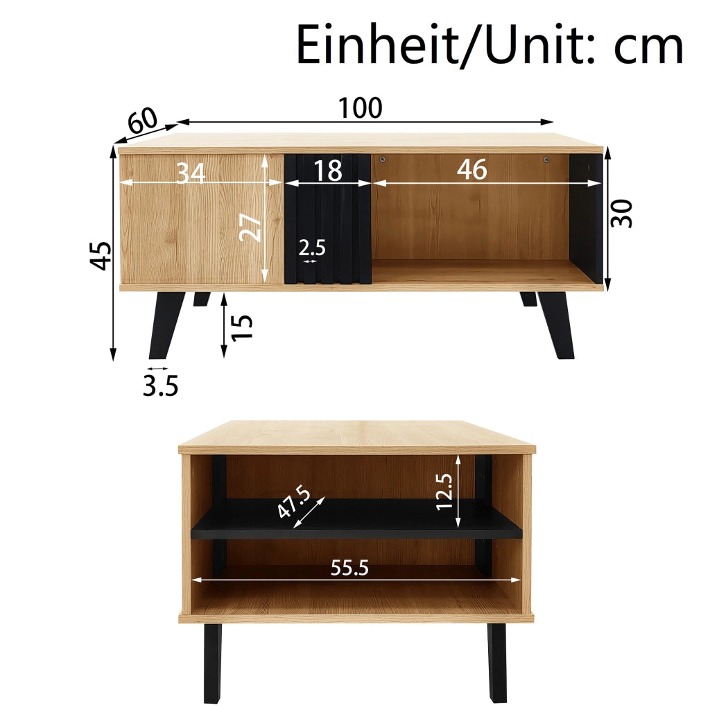 OKWISH Tavolino da Salotto Rettangolare con 3 Vani, Stile Moderno, per Soggiorno, 100×60×45 cm, Naturale e Nero