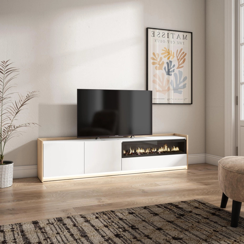 Mobile TV Soggiorno, 207x50x37 cm, Per TV fino a 80", Camino elettrico, LED, Bianco e Rovere soft