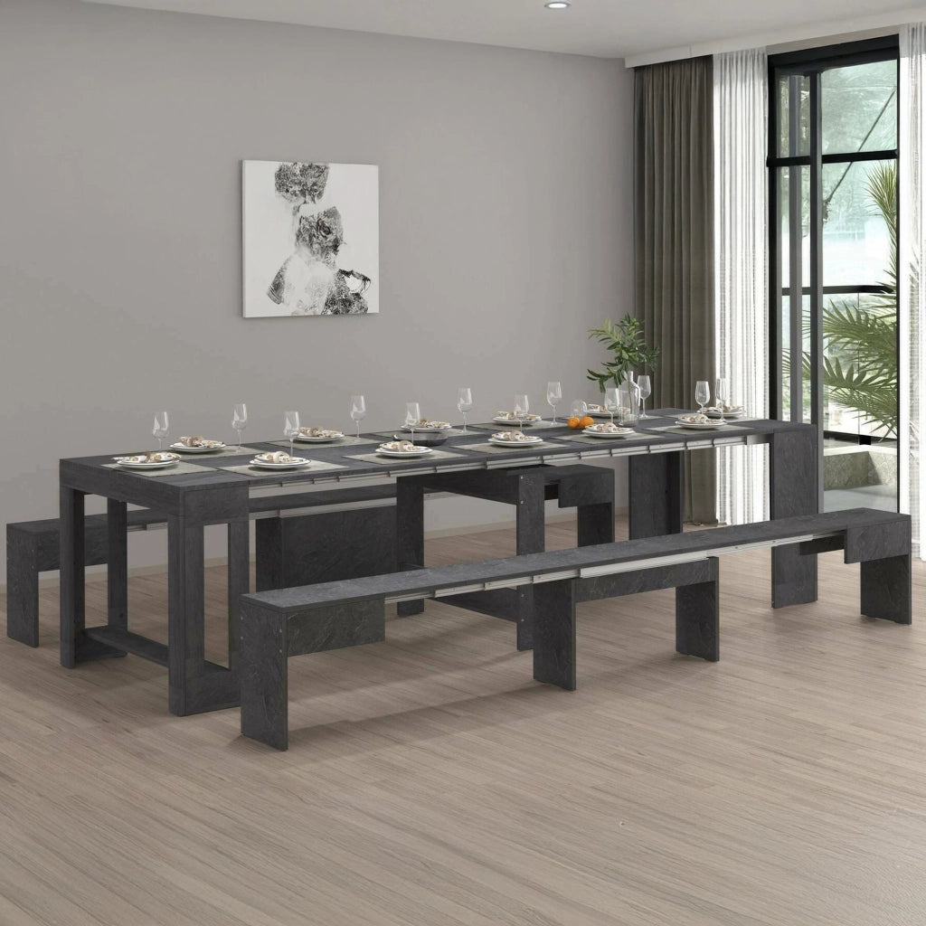 Set tavolo e sedie Auditore, Composizione multiuso, Set con consolle e 2 panche allungabili, 100% Made in Italy, 66x25h45 cm, Ardesia