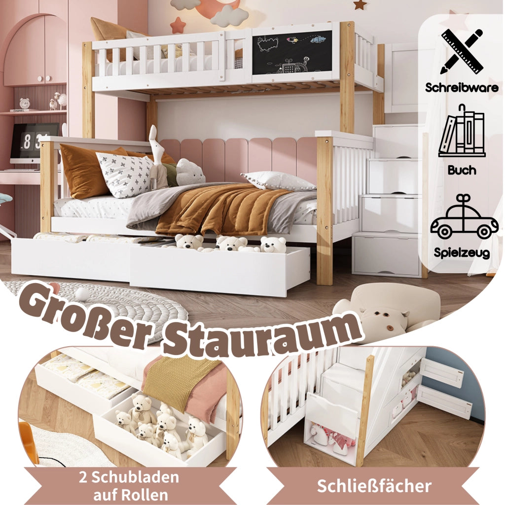 DESMIU Letto a Castello 2 Posti con Lavagna, 2 Cassetti, 90 × 200 cm e 140 × 200 cm senza Materasso