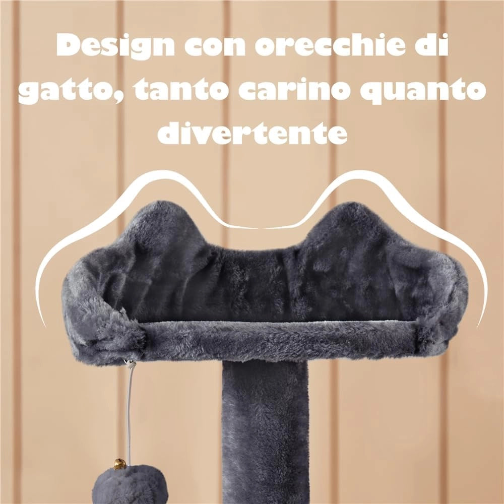 Yaheetech Albero Tiragraffi per Gatti 139 cm con 3 Pali Graffiatoi 3 Posatoi 2 Grotta 2 Pompon in Peluche a Più Livelli Giocattolo Gioco Grigio Scuro