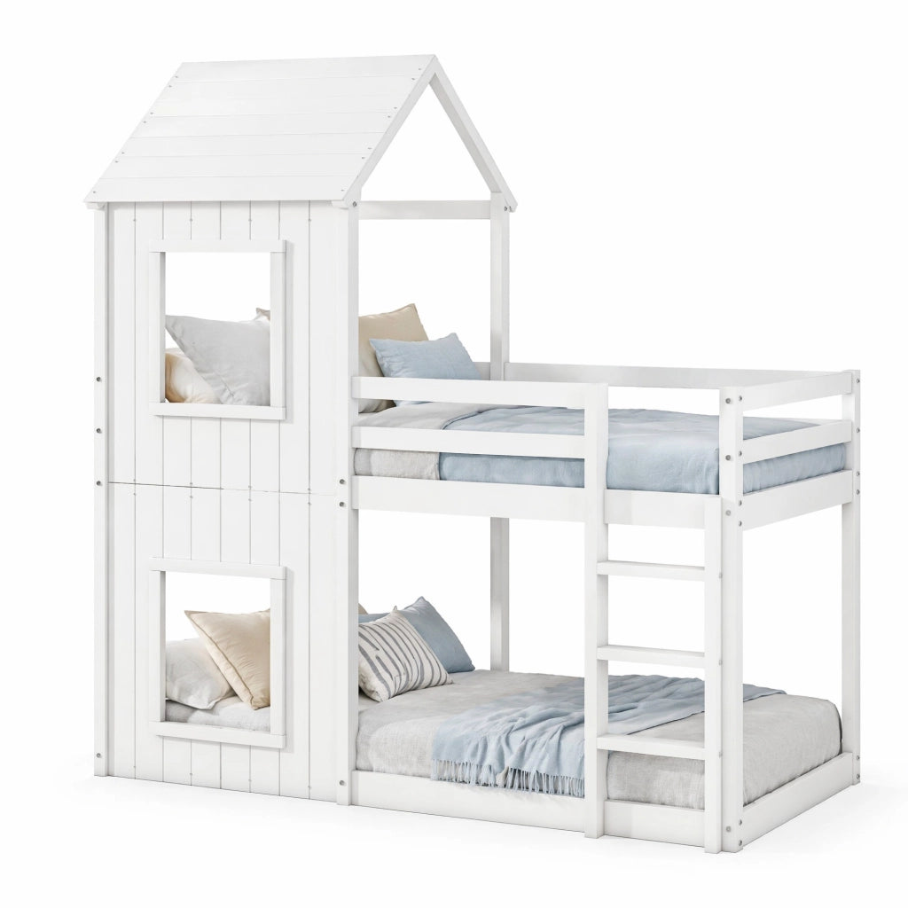 Etagenbett per bambini 90x200 cm in pino e MDF; bianco; design casetta
