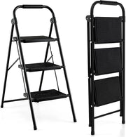 Scala a 3 Gradini, Scaletta Pieghevole con Ampio Pedale, Corrimano e Piedi Antiscivolo, Struttura in Metallo, Carico 265 kg, Nero