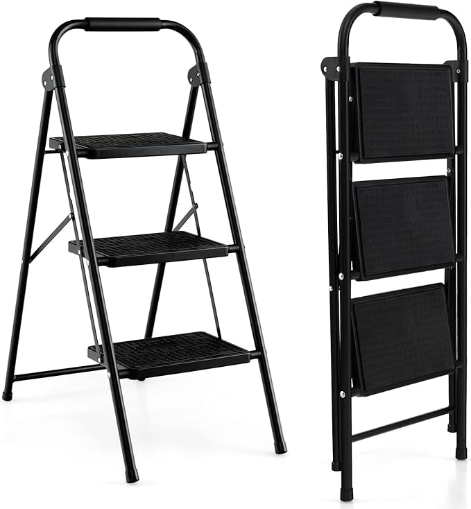 Scala a 3 Gradini, Scaletta Pieghevole con Ampio Pedale, Corrimano e Piedi Antiscivolo, Struttura in Metallo, Carico 265 kg, Nero
