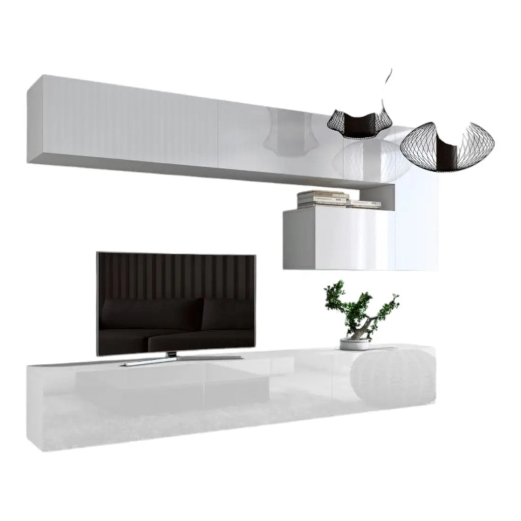 Set di mobili da soggiorno sospesi bianchi collezione CEPTO XV. 249cm, 8 pezzi, con LED.