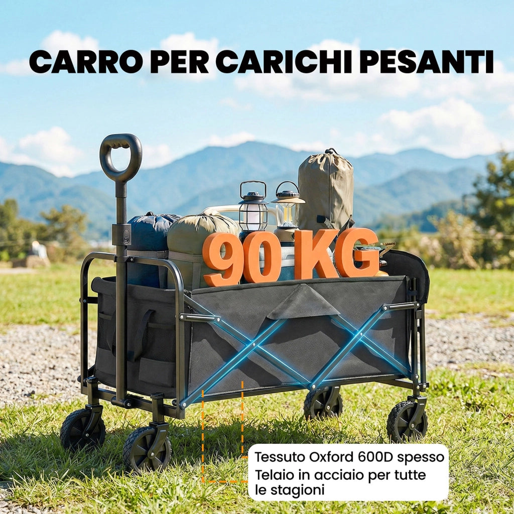Carrello da esterno 114x46x92 cm Capacità 72L Pieghevole con Manico Regolabile in Acciaio e Tessuto Oxford Nero