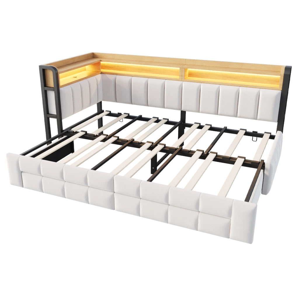 Divano letto imbottito con letto estraibile 90x200 cm; contenitore; LED; USB; beige