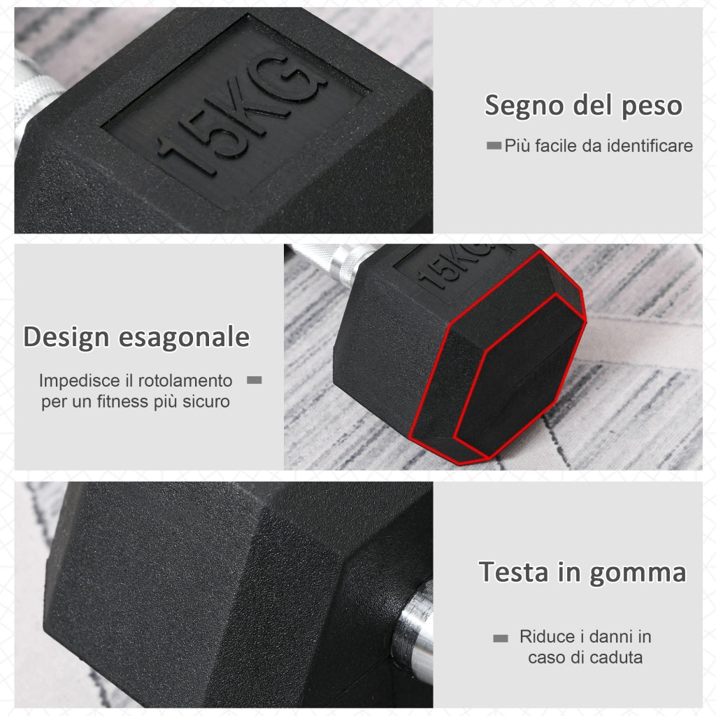 Manubrio 15 kg Esagonale con Impugnatura Antiscivolo Ø15,5 x 33,6 cm in Acciaio e Gomma Nero