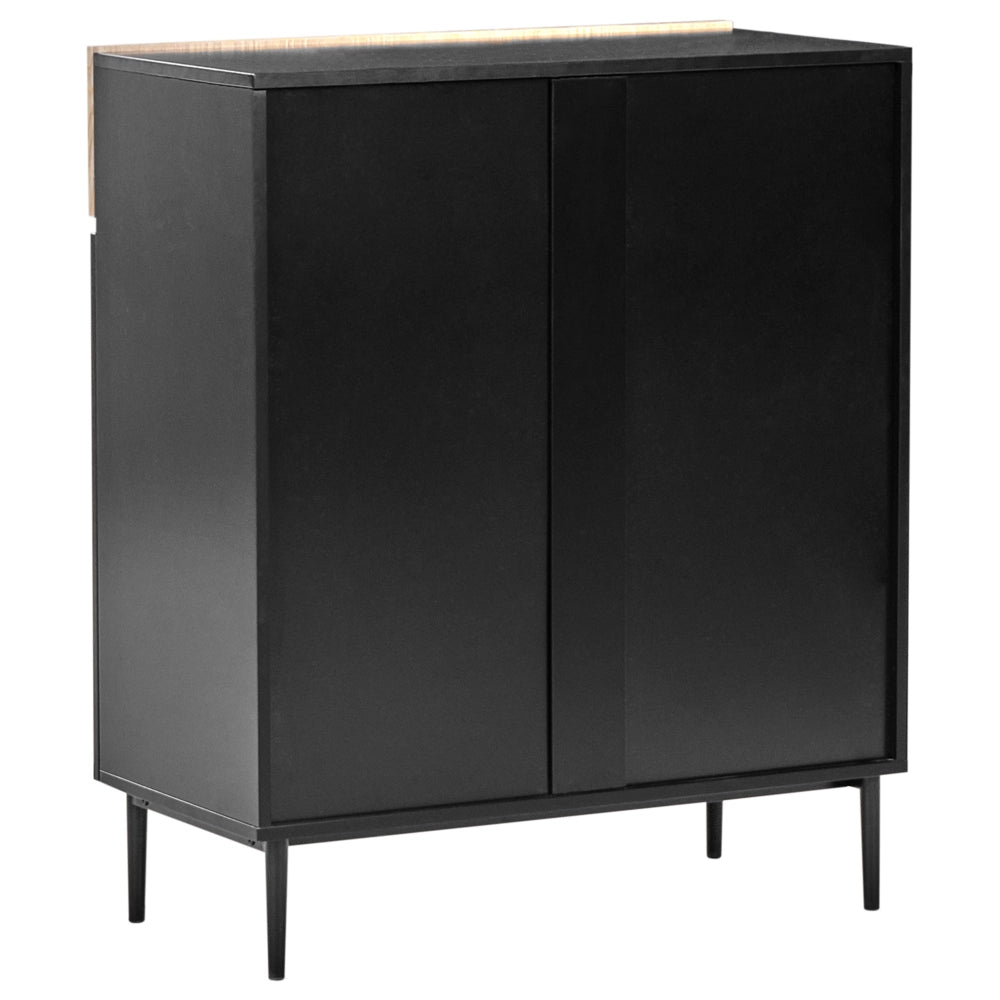Credenza a 3 ante in MDF nero e legno di frassino naturale, con frontale a coste, 2 ripiani e un cassetto Soggiorno moderno