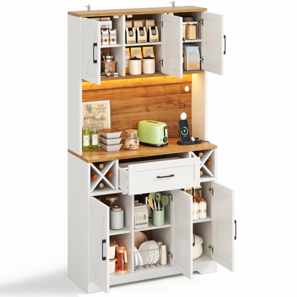 Credenza da cucina alta con LED RGB, prese USB e AC, mobile dispensa con portasigari vino, 105×40×180 cm
