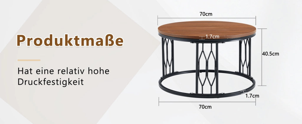 Tavolino basso rotondo con piano effetto legno, base in metallo e anello antiscivolo per soggiorno, noce, 70 × 40,5 cm