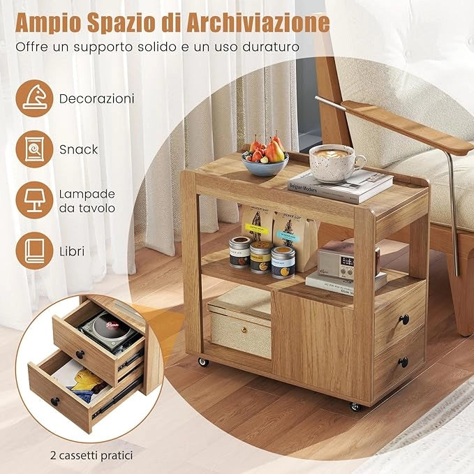 Tavolino da Salotto, Tavolino Moderno Laterale a 2 Cassetti con Ripiani Aperti e Ruote Universali Bloccabili, Tavolo Stretto per Soggiorno, Camera da Letto e Ufficio (Naturale)
