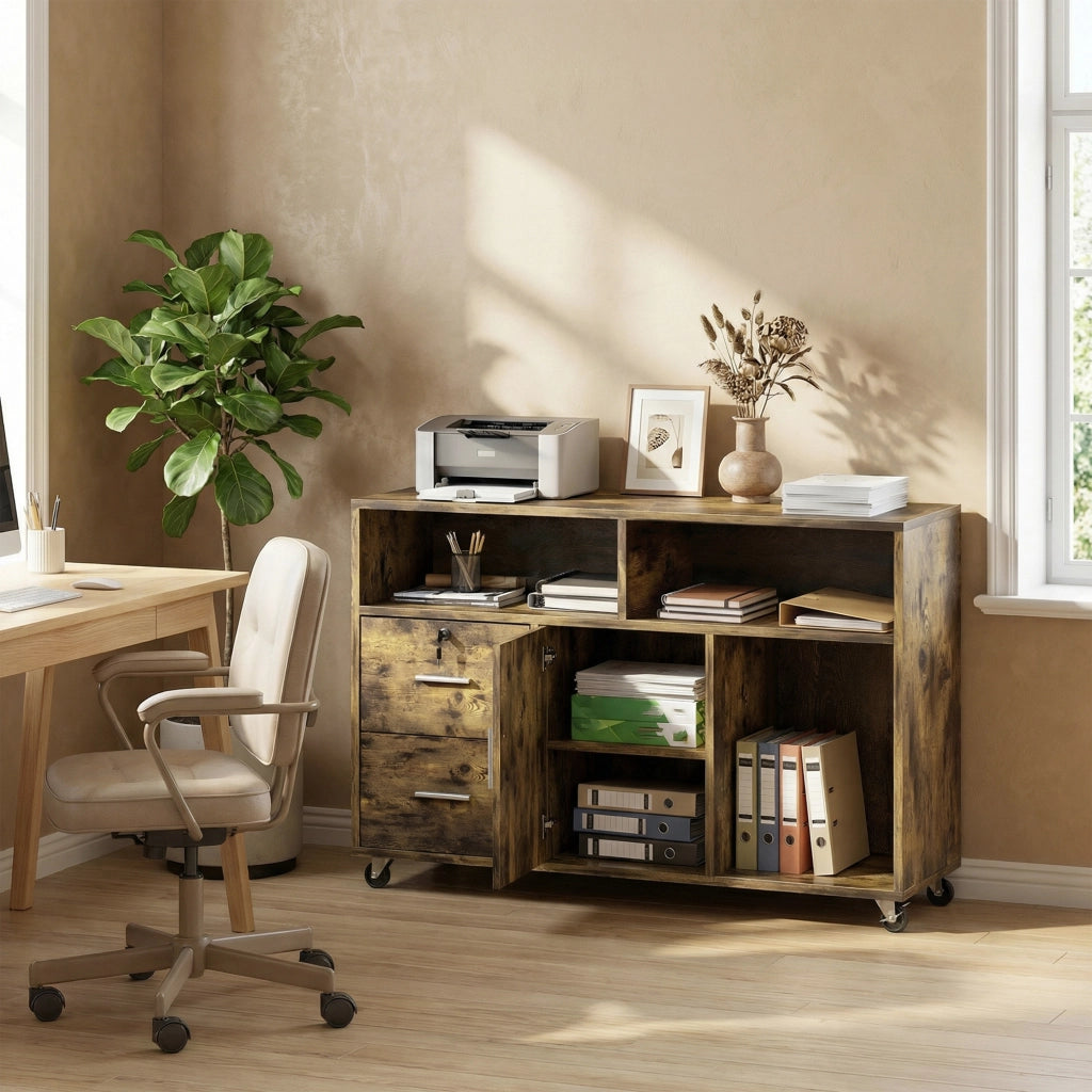 Mobile Porta Stampante a Rotelle con 2 Cassetti, 3 Ripiani e 2 Armadietti, in Legno, 100x35x65 cm, Marrone