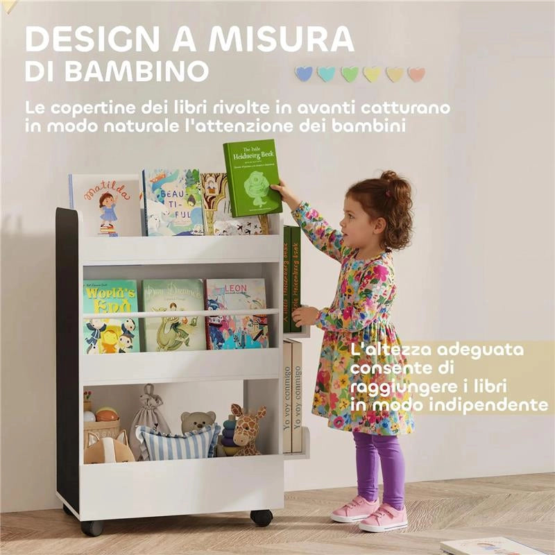 LIBRERIA PER BAMBINI 3-8 ANNI A DUE LATI, SCAFFALE PORTAGIOCHI CON RUOTE E LAVAGNA NERA, BIANCO 66.5 X 32.5 X 86.5 CM