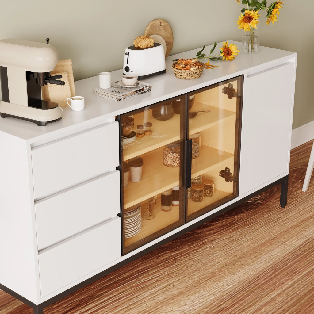 Buffet-Schrank mit Aufbewahrung - Zephmum - K¨¹che Seitenpanel mit T¨¹ren und 3 Schubladen, wei?