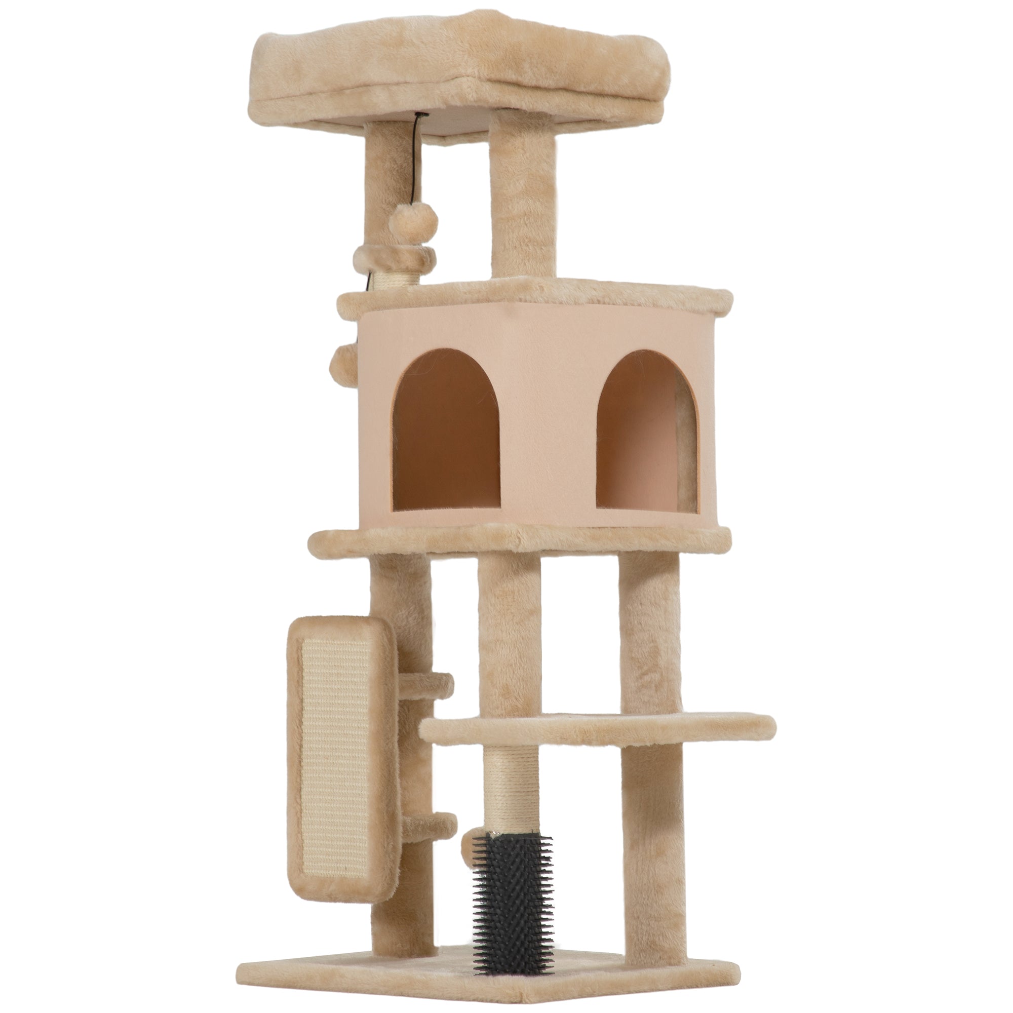 Albero per Gatti Multilivello Alto 104 cm con Casetta Lettino Pali Tiragraffi Spazzola e Pallina Beige