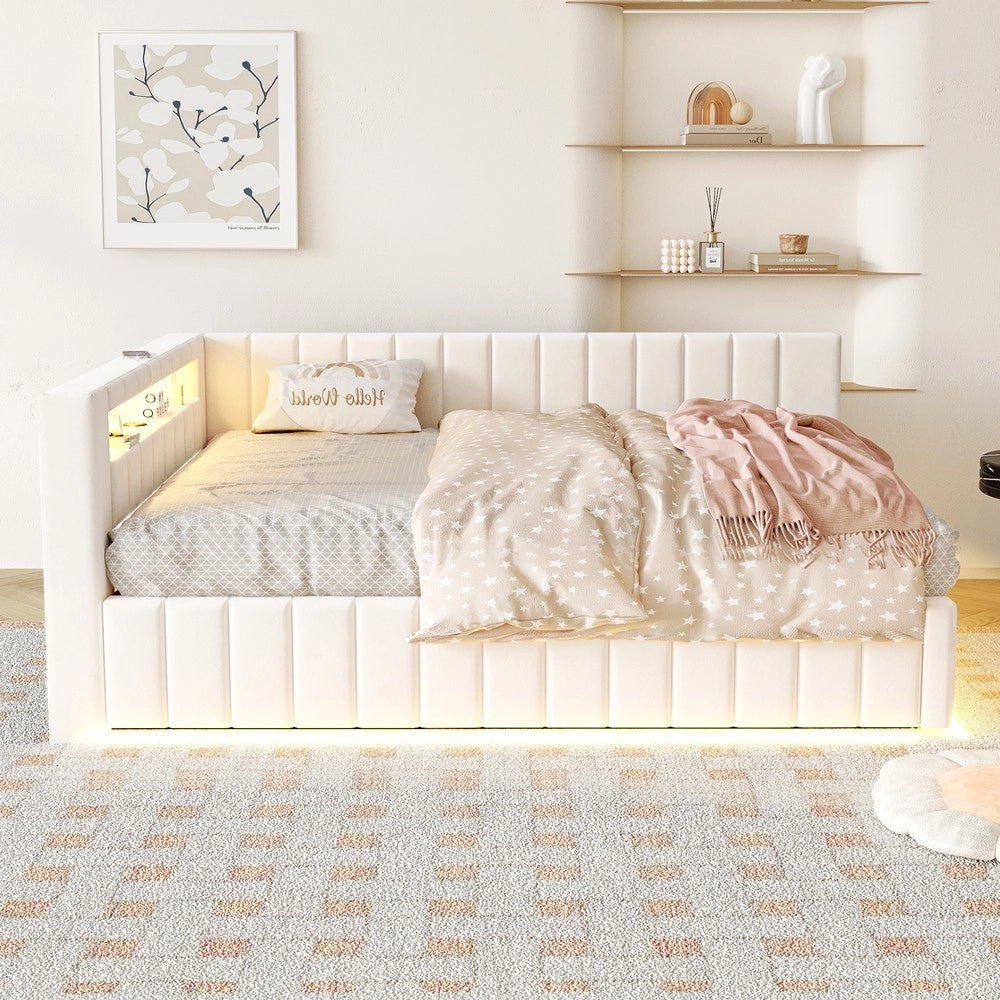 Letto imbottito contenitore con LED ¨C Minimal ¨C 140x200 cm velluto beige