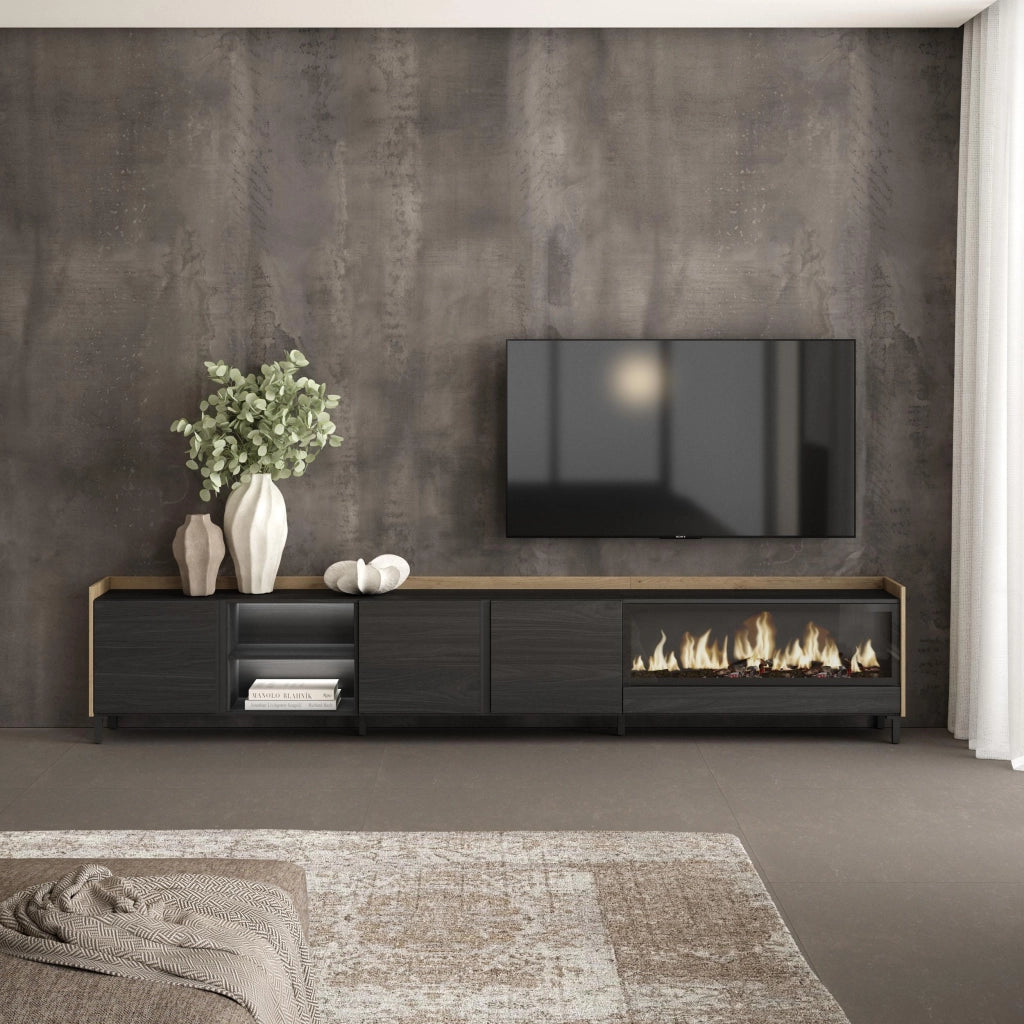 Mobile TV Soggiorno, 315x61x35 cm, Per TV fino a 80", Camino elettrico XXL, Design industriale, LED, Nero e rovere