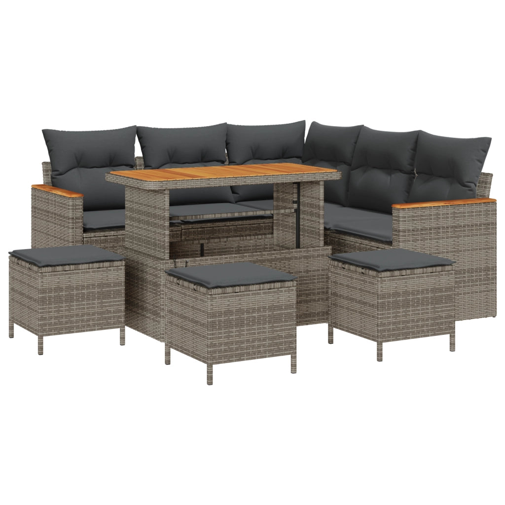 Set di divani da giardino 9 pezzi con cuscini in polyrattan grigio acacia