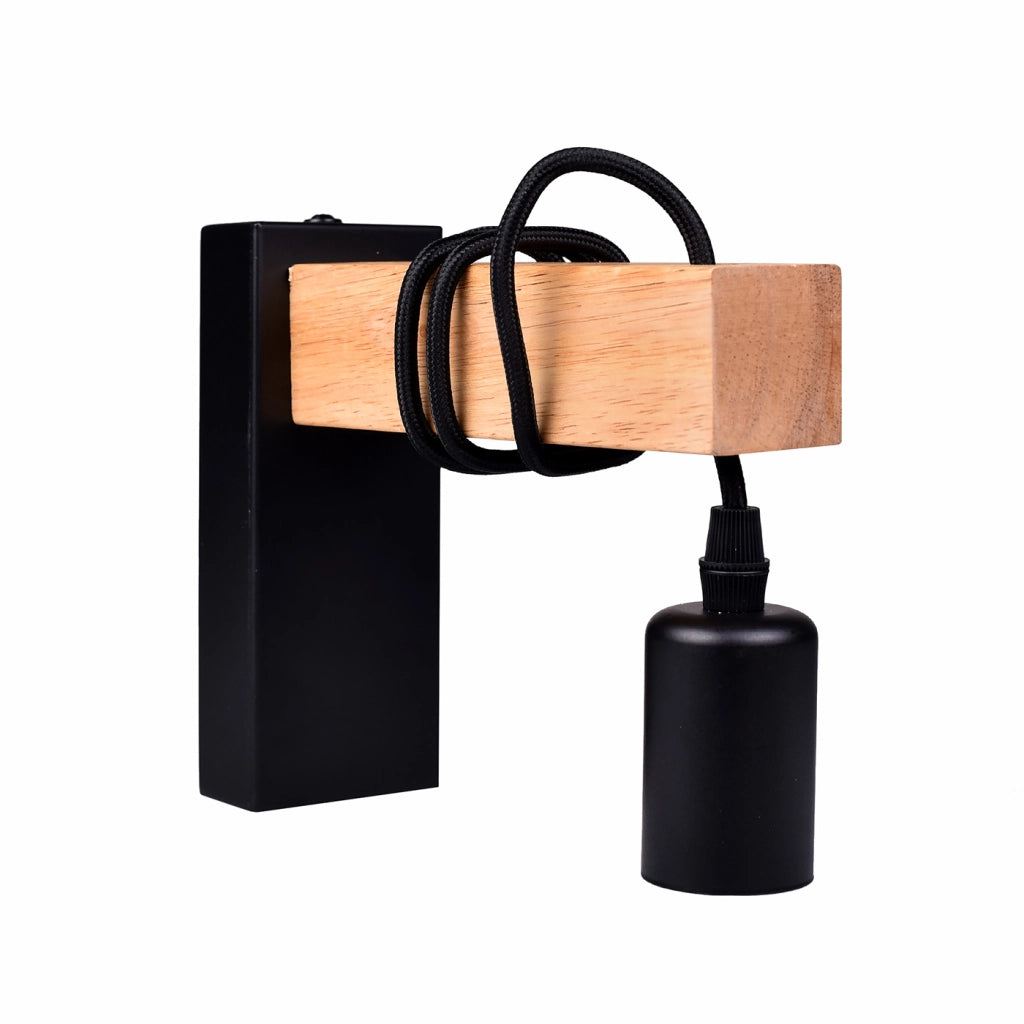 APPLIQUE DA PARETE IN METALLO NERO CON ATTACCO E27 - DESIGN INDUSTRIALE CON CORPO IN LEGNO IDEALE PER ILLUMINAZIONE INTERNA