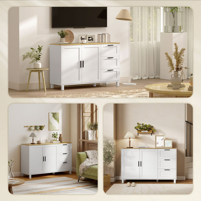 Mobile Cucina Buffet 120x38x76 cm con 3 Cassetti e Armadietto 2 Ante Ammortizzate Bianco