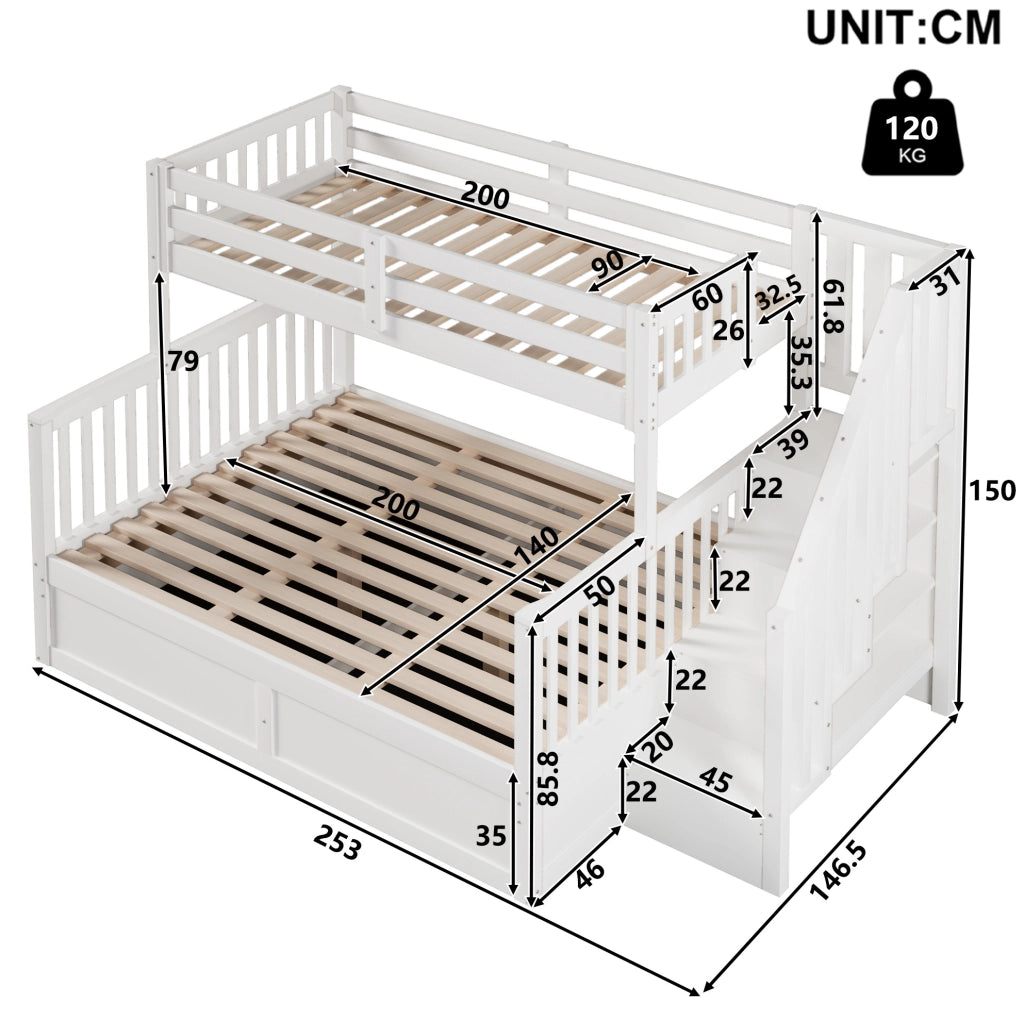 Letto a castello con vano contenitore idraulico e scala con vani; 90x200 + 140x200 cm; pino; bianco