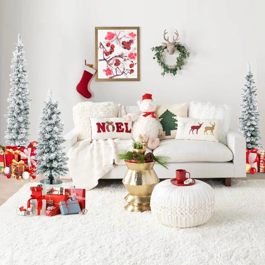 Set di 3 Alberi di Natale Artificiali da 90 CM + 120 CM + 150 CM | Alberi di Natale Slim Innevati con 120 + 140 + 160 Punte di Rami e Barili di Metallo Riempiti di Cemento