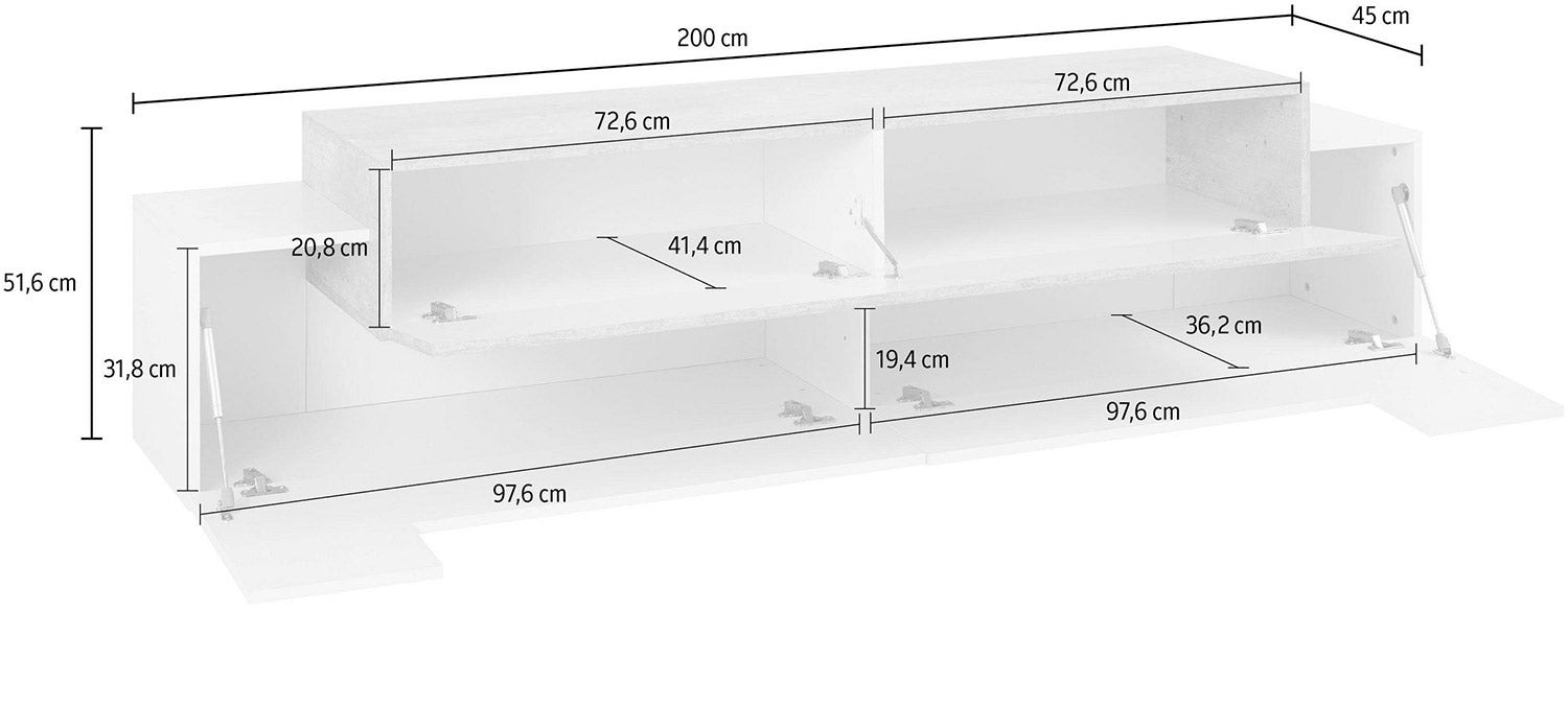 Mobile TV 3 Ante 200x45x51,5 cm Coro Bianco Lucido e Cemento