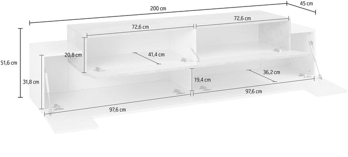 Mobile TV 3 Ante 200x45x51,5 cm Coro Bianco Lucido e Cemento