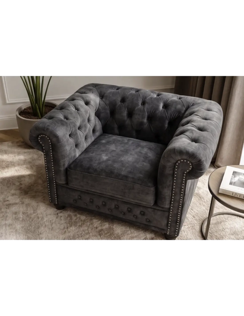 Poltrona EDGAR Chesterfield in velluto trapuntato - Grigio chiaro - 109 x 72 x 86 cm