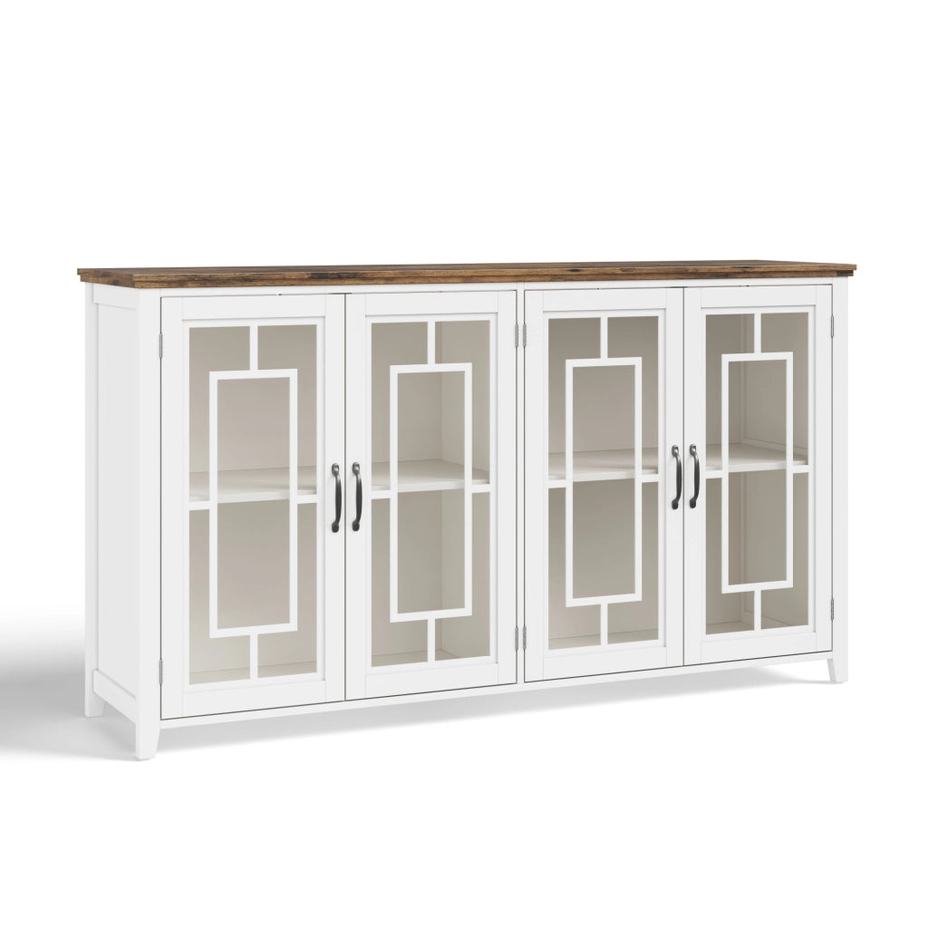 Credenza da cucina 160 cm con ante in vetro, ripiani interni, piano effetto legno e sistema antiribaltamento