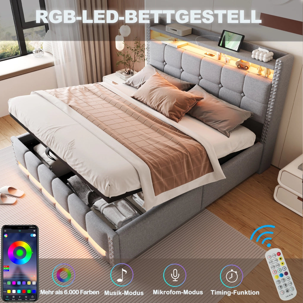 Letto imbottito 160 x 200 cm grigio chiaro con LED, porta USB e contenitore