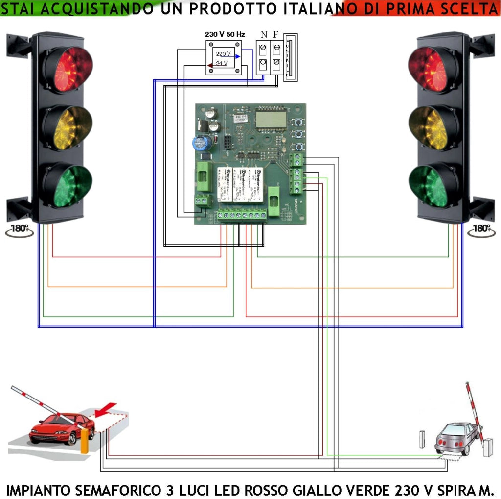 Semaforo Orientabile 180° Led Rossi 24 Led Gialli 24 Led Verdi 230 V 50 Hz 3 W CE IP65 Funzioni Controllate da 2 Spire Interrate 6 MT Tempi Regolabili da 3 a 240 Secondi Ingresso Uscita Veicoli Garage