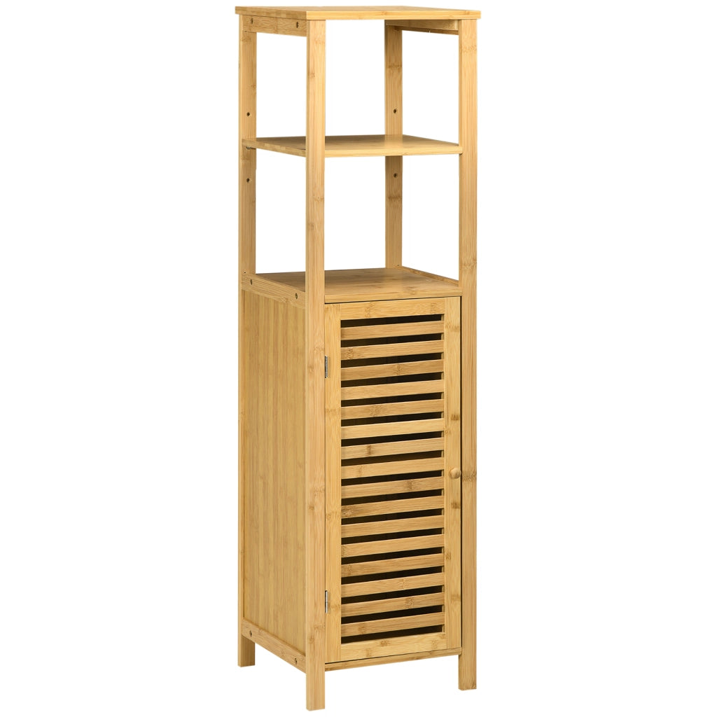 Mobile bagno in bambù con 2 ripiani aperti e armadietto, altezza 120 cm, colore legno naturale