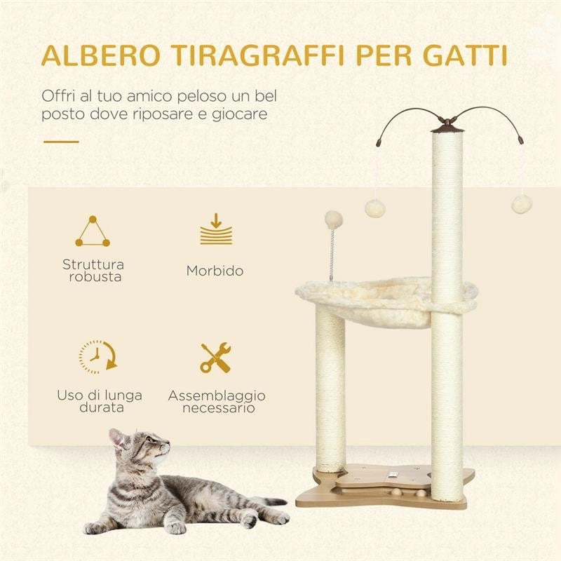 ALBERO TIRAGRAFFI PER GATTI MAX 5KG CON AMACA, PALLINE DA GIOCO E PALI IN SISAL, 53.5X53.5X90 CM, BEIGE