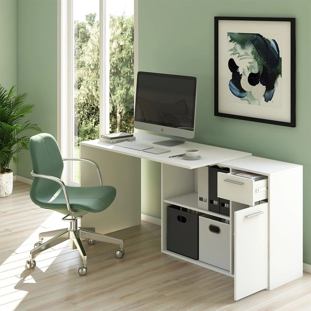 Scrivania angolare Robin, Bianco, 120 x 60 cm, con cassetto estraibile e possibilità di posizionamento variabile