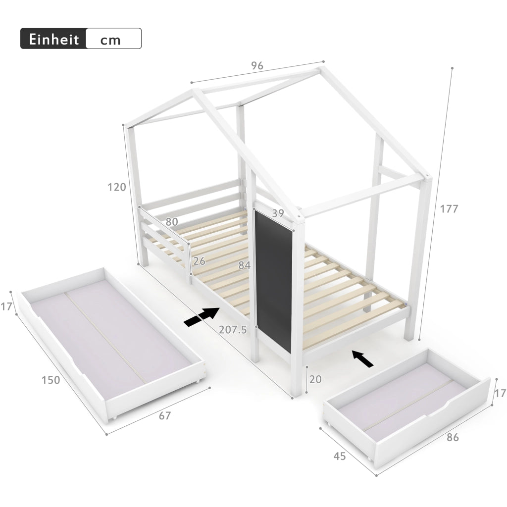 Letto casa per bambini 90x200 cm in legno massiccio con lavagna, 2 cassetti e sponde, bianco