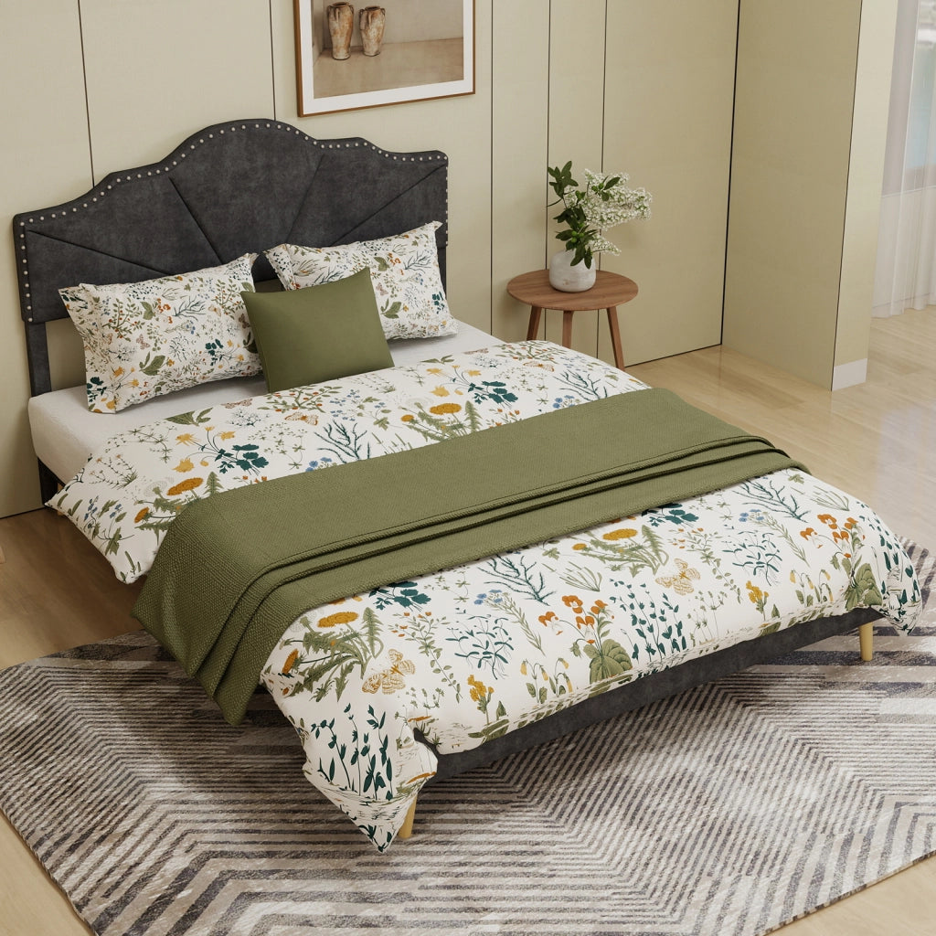Letto Matrimoniale 160x200 cm con Testiera Geometrica; in Tessuto e Metallo; Grigio