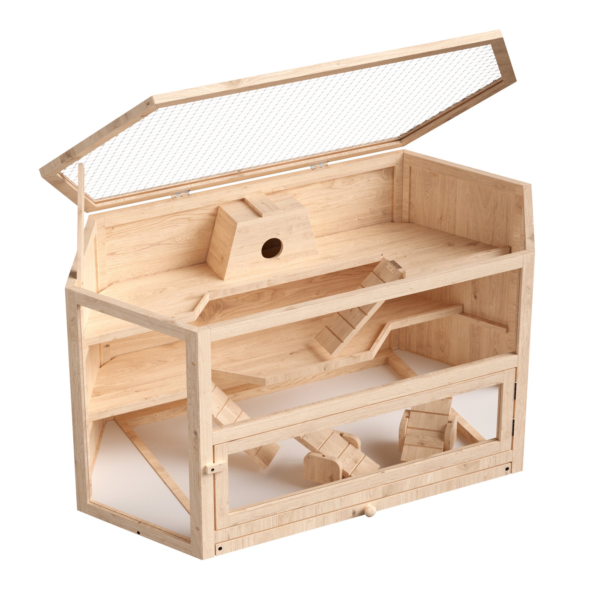 Gabbia per roditori a 3 livelli con tetto apribile 115x60x58cm legno e plexiglas