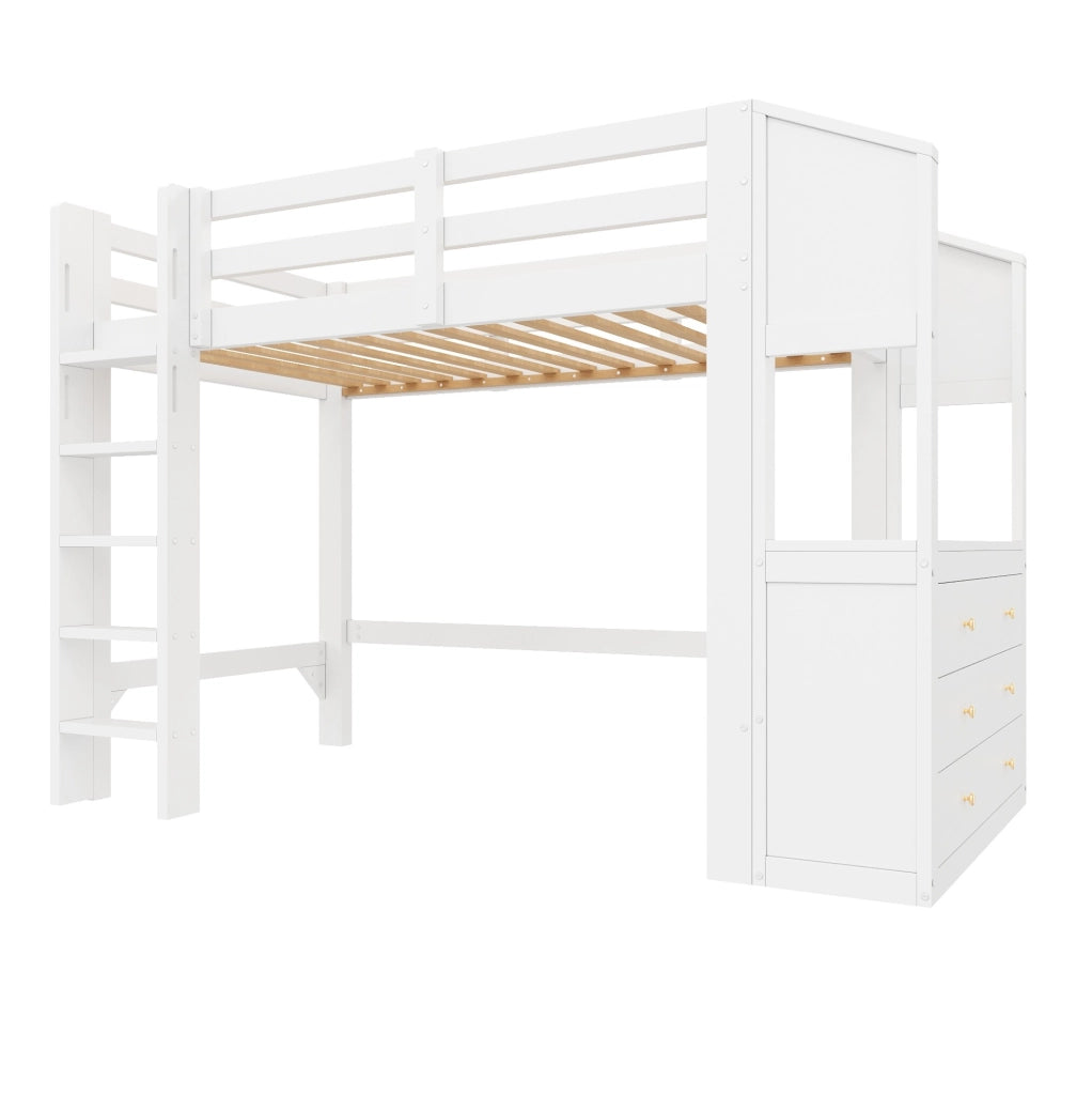 Letto a soppalco 90 x 200 cm con LED, 3 cassetti e ripiani bianco