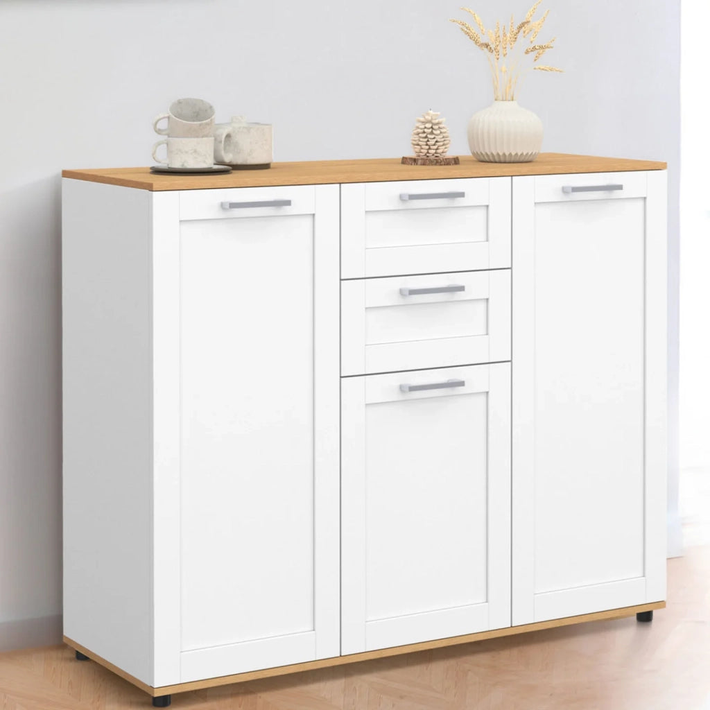 IDMarket - Credenza VITO 100 cm con 3 ante e 2 cassetti bianchi e piano in legno